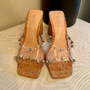 Schutz Cork Heels Clear with Rhinestones- Never Worn Size 6.5